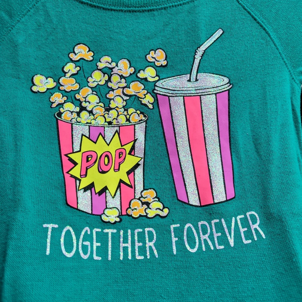 Justice long sleeve popcorn and drink sweater shirt top glitter sparkle 7